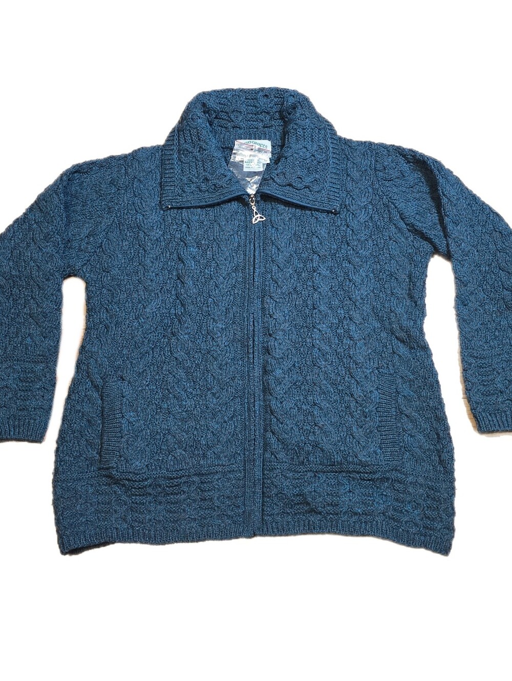 Aran Crafts Ireland Womens Sweater Sz Large Blue Merino Wool Cable Knit Full Zip